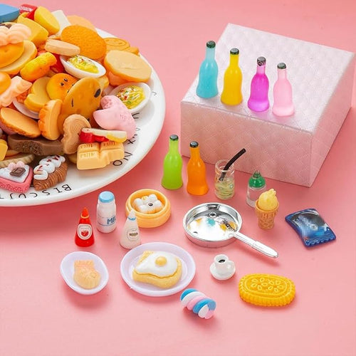 150Pcs Miniature Food Drinks Bottle Toys Mixed for Dollhouse Kitchen Accessories Mini Play Fake Resin Pretend Game Party Tableware 1/12 Doll House Bread Cake Models Micro