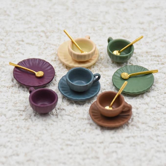 5 Set Dollhouse Miniature Coffee Cups Miniature Dollhouse Accessories 15 Pieces Mini Coffee Cup Plate Spoon for Mini Kitchen Accessories