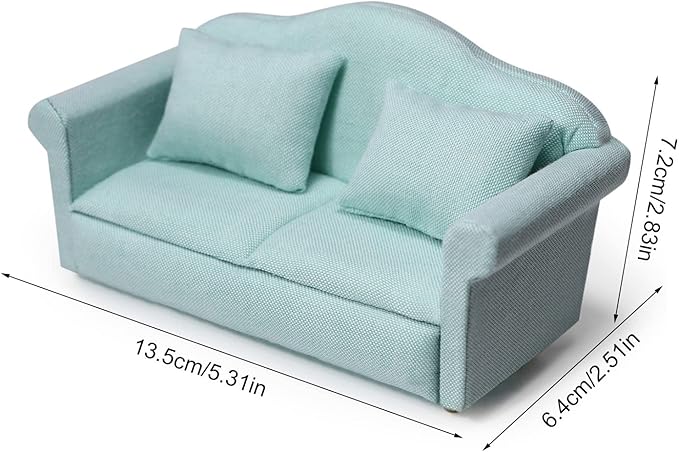 Dollhouse Couch Miniature Furniture Sofa with Pillows for Living Room Desktop Decoration Fabric Sofa Mini Home Scene Accessories Ornament (Sofa Set, Green)