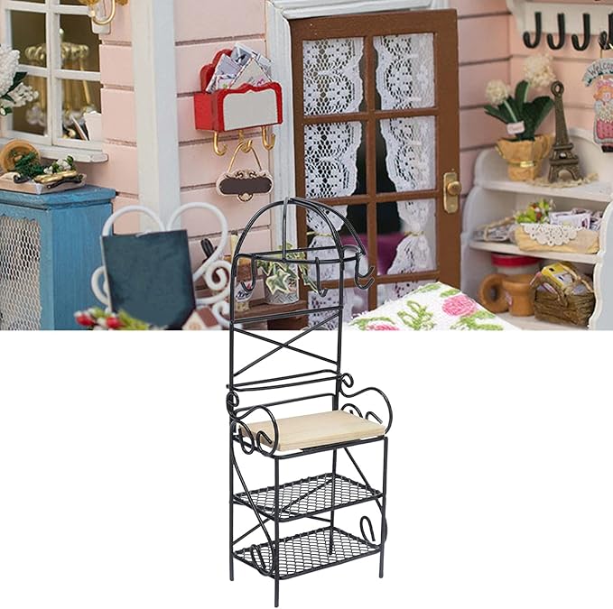 1:12 Miniature Storage Display, Miniature Furniture Wooden Storage Rack Mini Doll Bread Rack Dollhouse Kitchen Furniture Accessories (Black)