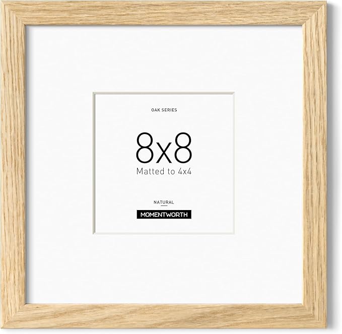 Momentworth 8x8 Picture Frames with Mat for 4x4, Solid Oak Wood Frame with Tempered Glass for Wall Mount(Single,Oak)