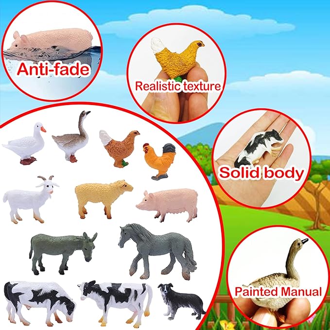 12 PCS Animals Figures,Mini Farm Animal Figurines,Plastic Farm Animal Figures Set,Animals Learning Educational Toys Cake Toppers Birthday Gift for Kids