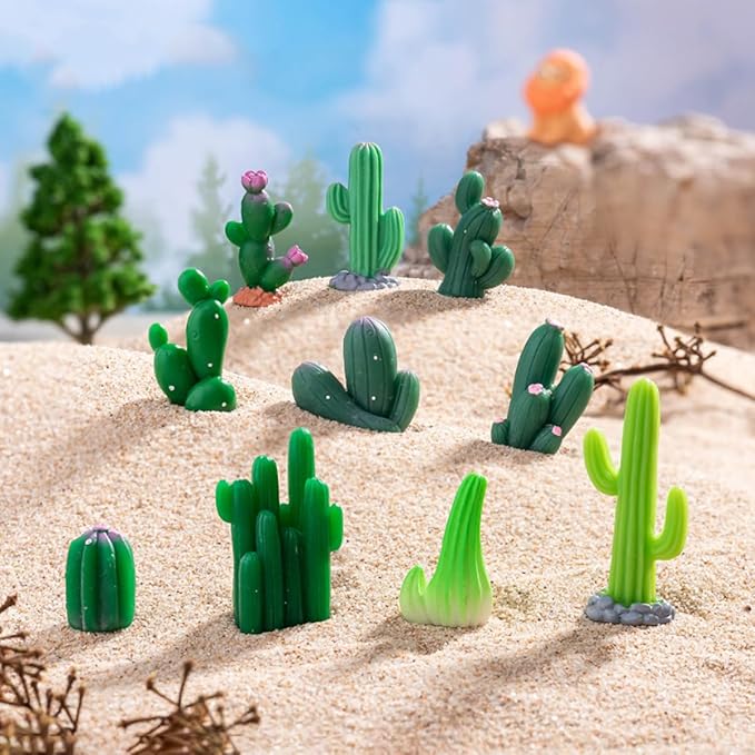 JARPSIRY 12 Pcs Mini Resin Cactus Miniature Figurines, Cute Small Cactus Figures Cake Topper, DIY Micro Landscape Desert Decor Home Fairy Garden Plant Pots Bonsai Crafts