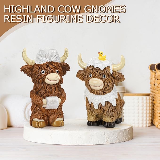 Burbell 2 Pcs Highland Cow Bathroom Figurines Bathroom Theme Highland Cow Christmas Gnomes Bath Resin Statue Calf Gifts for Christmas Farmhouse Home Garden Kitchen Office Tiered Tray Table Decor