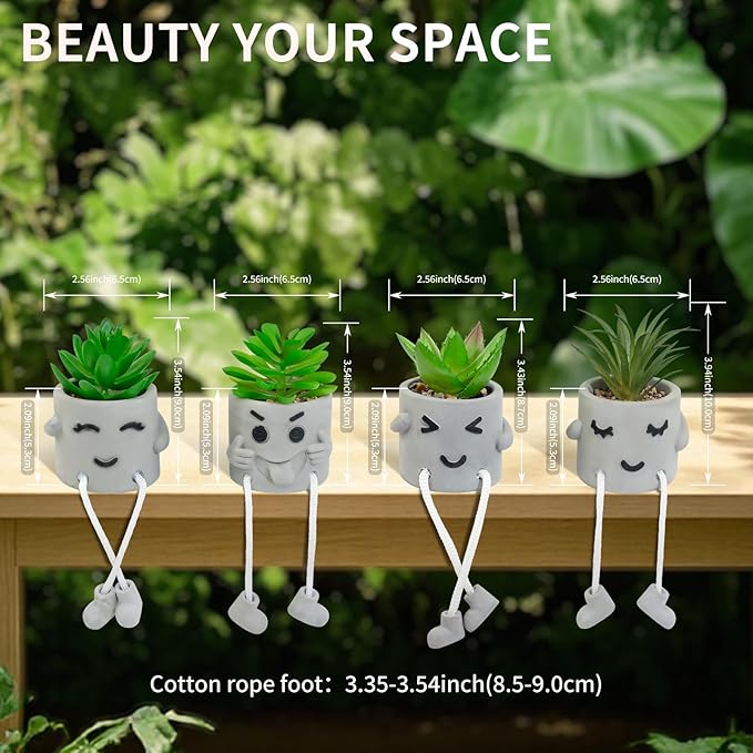 LUZOGA Set of 4 Small Faux Succulents in Cement Pots with Hanging Legs, Potted Mini Fake Plants for Desk, Office Cubicle, Kitchen, Bathroom, Wall Shelf Decor, Room & Bookshelf Ornament