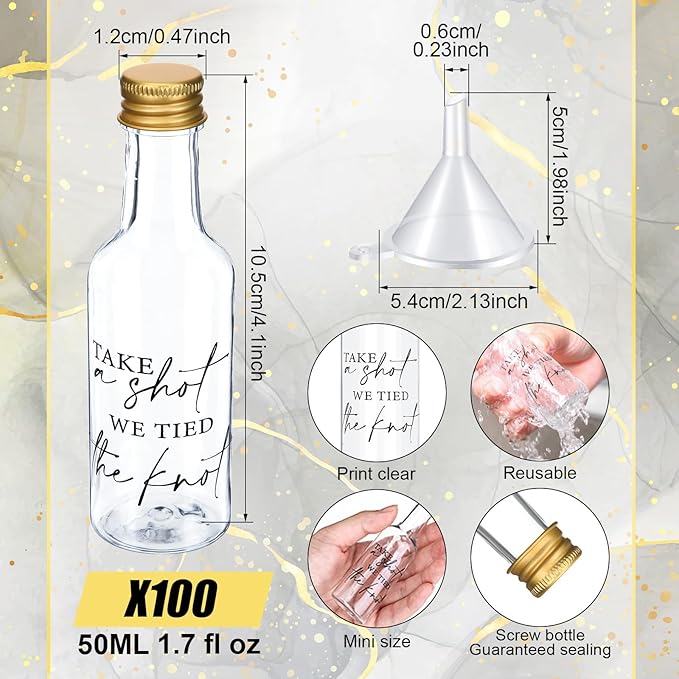 Bokon 100 Pcs Mini Wedding Liquor Bottles Take a Shot We Tied The Knot Shot Glasses for Guests 1.7 Fl Oz/ 50 ml Plastic Reusable Empty Bottle with Cap Funnel Acrylic Mini Glasses for Bridal (Gold)