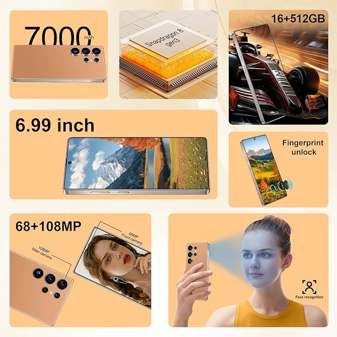 OEJBK I25 Ultra: Powerhouse 16GB/512GB, 2-Day 7000mAh Battery, Huge 6.99" Android 14 Phone w/Built-in Stylus - Your All-in-One Device The Superior Choice (Titanium Orange)