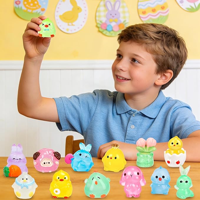 56 Pcs Easter Luminous Mini Resin Figurines 56 Style Glow in The Dark Little Small Resin Miniatures to Hide Bulk Bunny Chick Figures for Easter Party Favors Egg Fillers Micro Garden Landscape Decor