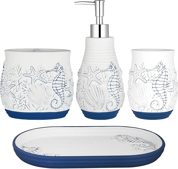 Beach Theme Bathroom Accessory Sets 4PCS Bathroom Accessories Set Complete Embossed Seashell Starfish Design Includes Lotion Dispenser Toothbrush Holder Tumbler Cup & Vanity Tray