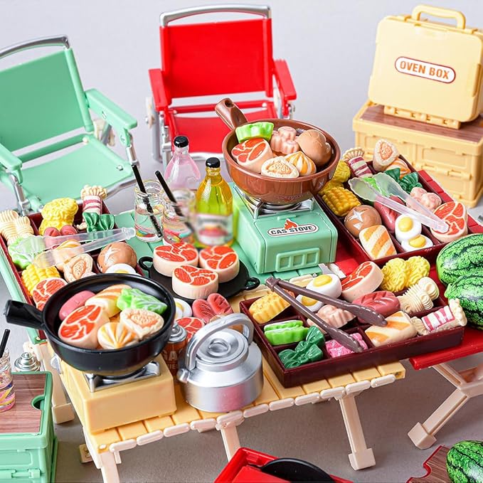 1/12 Scale Mini Realistic Camping Picnic Table and Chair Model Set, Dollhouse Food-Play Props, Prentend-Play Accessory Set (3-Color Camping Accessories + Food Items)