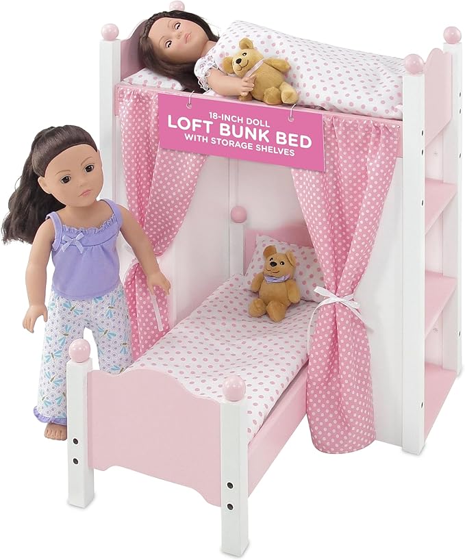Emily Rose 18 Inch Doll Pink Loft Bunk Bed with Storage Shelves, Bins, and Ladder - Wooden Dollhouse Furniture with 2 Bedding Sets - Compatible with American Girl, Our Generation & My Life As Dolls