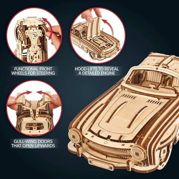 UGEARS Winged Sports Coupe Model Car Kit - 3D Wooden Puzzle for Adults – Model Kit for Adults to Build - DIY Wooden Car with Authentic Gull-Wing Design, 3D Puzzle