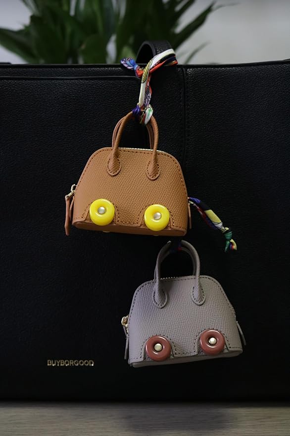 Buyborgood Women's 2 PCS Mini Tote Bag Charms Keychain Pouch Small Coin Purse Wallet, Camel+Brown