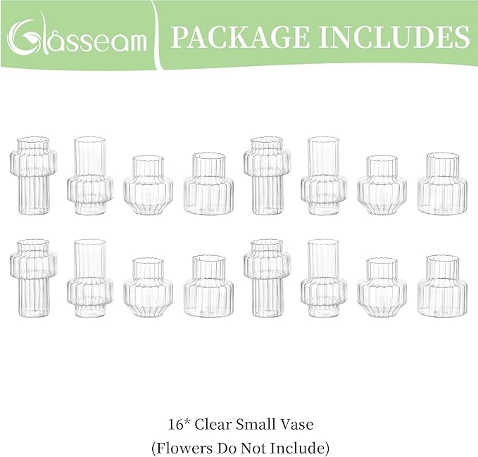 Glasseam Glass Bud Vases for Centerpieces: 16Pcs Small Clear Vase for Flowers Bulk Wedding Table Centerpieces - Modern Mini Decorations for Cute Vintage Home Living Room Decor