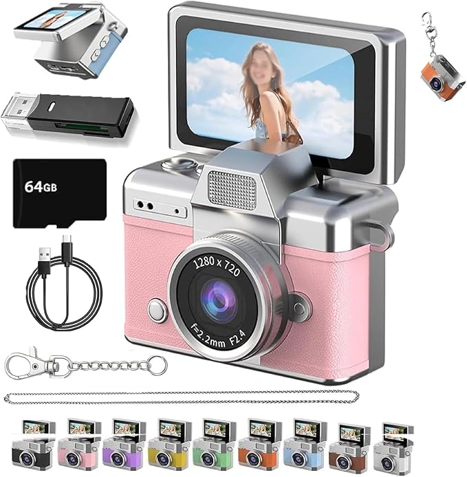 Thumb-Sized Flip Screen Mini Camera, Mini Keychain Digital Camera, Flip Screen Mini Camera with Built-in Flash & Flip Display, 64GB Memory, Portable Keychain Camera for Travel & Daily Use (1, Pink)