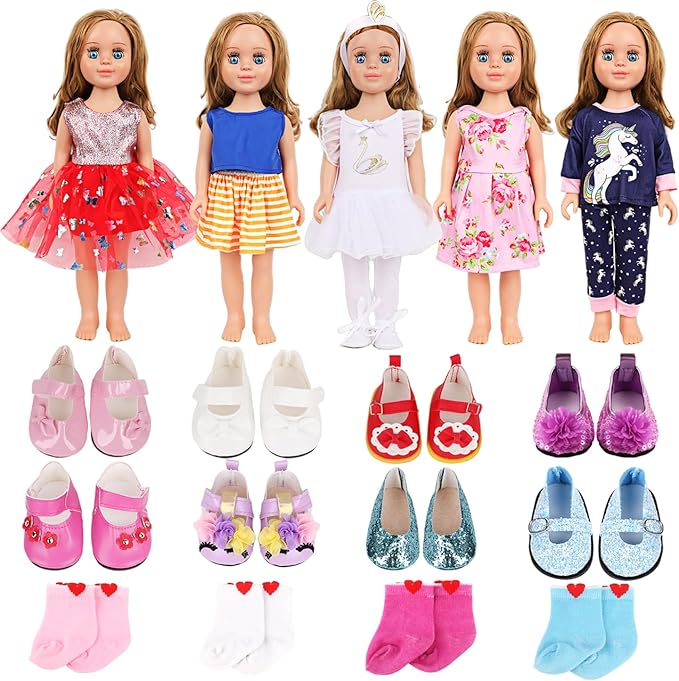 MSYO 18 Inch Doll Clothes & Accessories Bundle-19-Piece Fashion Doll Outfit Set with 5 Clothes,2 Shoes (8 Style Options) & 2 Socks,Girl Doll Accessories Gift for Kids, Role Play & Dress-Up