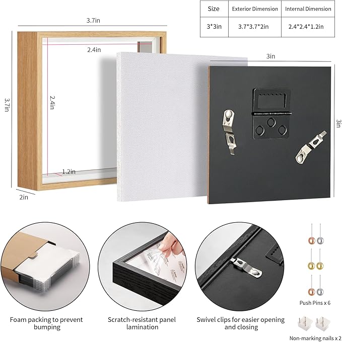 3x3 Small Square Shadow Box Picture Frame Display Case with Soft Linen Back,Small Mini Tiny Brown Deep Shadow Memory Box Frame 3x3 for Nsect Specimen Baby Wedding Pet Graduation Souvenir