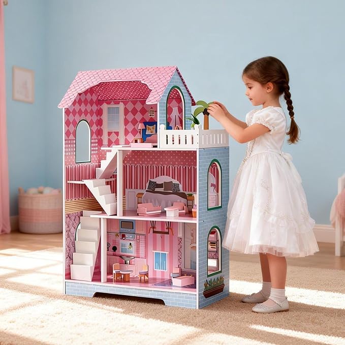3-Tier Large Wooden Dollhouse with Furniture Set, Modern Kids Playhouse with Roof Window for 5-Inch Dolls, Creative Educational Toy for Girls Boys Ages 3 4 5+ for Imagination & Role-Play Games
