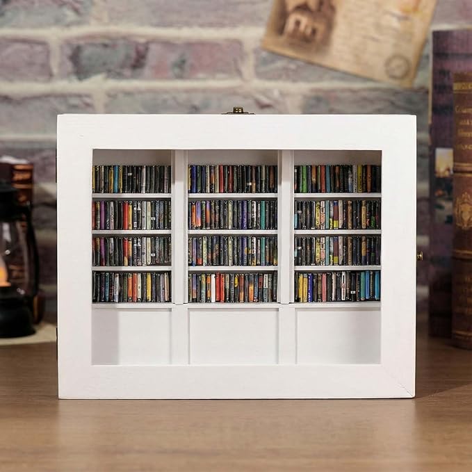 Anxiety Bookshelf Shake Away Your Anxiety, Miniature Book Display Case Cabinet with 200 Mini Books, Creative Wooden Mini Bookshelf Shake Anxiety Stress Reliever Funny Gifts for Book Lovers (White)
