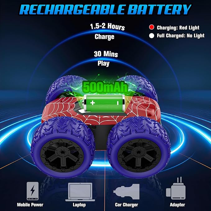 Kazswitle Remote Control Car for Boys, RC Cars for Kids with Colored LED Lights, 2.4Ghz Double Sided 360° Flips 4WD Stunt Car, Rechargeable Toy Cars for Boys Girls Ages 4-6 5-7 6-8 8-12 Birthday Gift