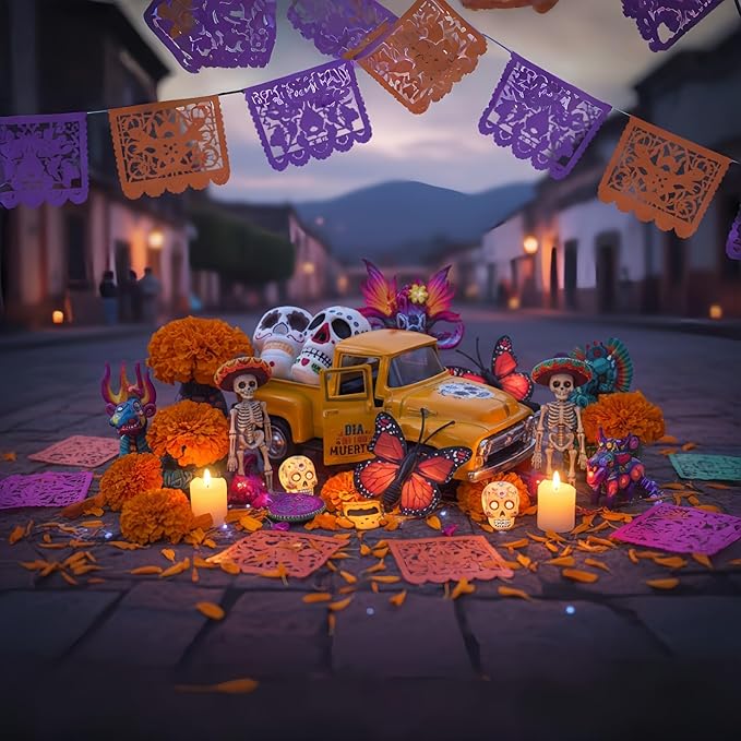 Day of The Dead Decorations for Altar Sugar Skulls Halloween Decor Metal Truck with Couple Sugar Skull Figurines Monarch Butterfly Mexican Dia De Los Muertos Decor Mini Ofrenda Altar Decorations