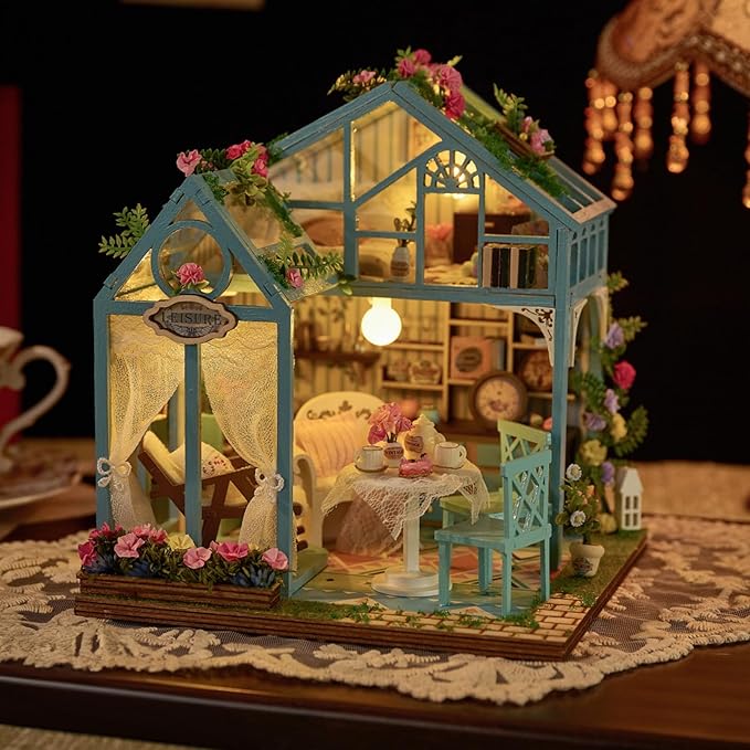 Miniature House Kit, Tiny House Kit with LED Light, DIY Mini House Building Kits for Adults to Building, Unique Gift for Birthday Christmas, Tea House