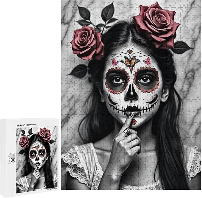 Jigsaw Puzzles for Adults 500 Piece - Gorgeous Sugar Skull Lady Day of The Dead Wooden Puzzle, Puzzle Games,Stress Relief Games,Funny Puzzles，Unique Gifts for Wall Art，Family Puzzles