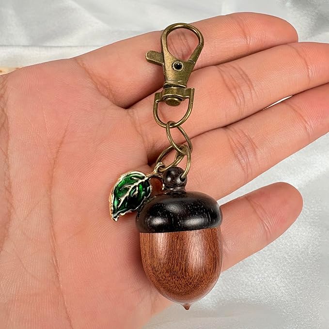 YTYAB Cute Acorn Canister Keychain,Funny Small Portable Pill Organizer Bag Charms,Green Enameled Kawaii Leaf Decor Key Chain
