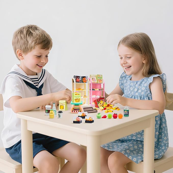 199Pcs Dollhouse Miniature Store Grocery Accessories Mini Shopping Basket 4 Three-Layer Shelves Supermarket Food Drink Bottle Fruit Toy Kitchen Play Game Cash Register Lunch Box