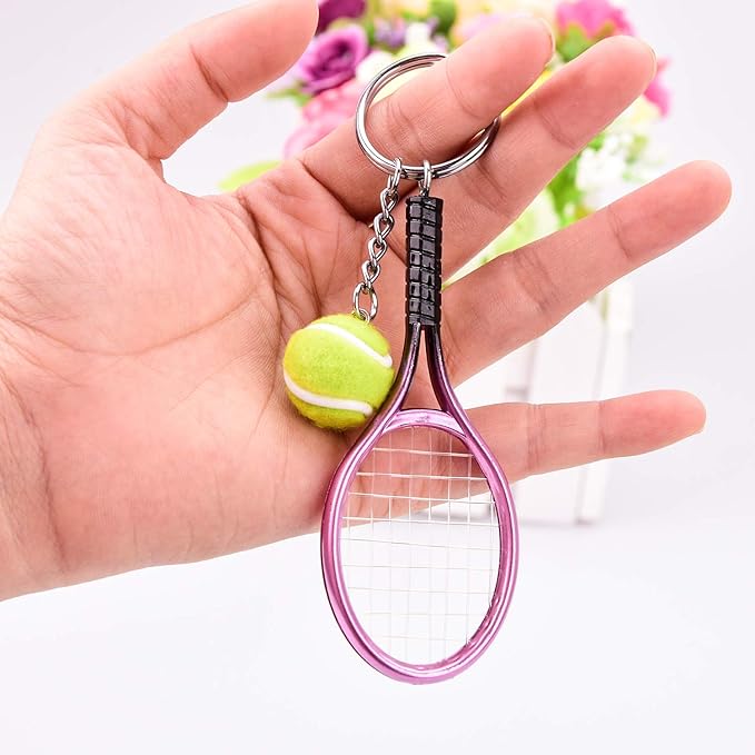 Ancefine 12 Pieces Mini Tennis Racket Keychains Key Ring Alloy Tennis Ball Split Ring Accessories for Sport Team Gifts,6 Color