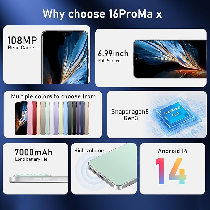 OEJBK 16PROMA X Smartphone New Upgrade 16GB+512GB/6.99" Display 68+108MP Zoom Camera,Tempered Glass Finish, 7000mAh Android 14 Smartphone (Green)