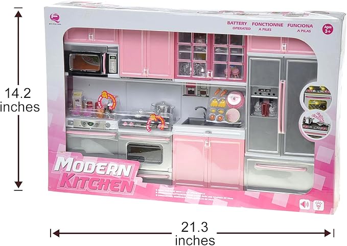 PowerTRC Doll Kitchen Play Set, Mini Modern Toy Pink Kitchen Pretend Play Furnitures Toy Set Accessories Set with Realistic Light & Sound for Kids Toddlers Girls (4-in-1)