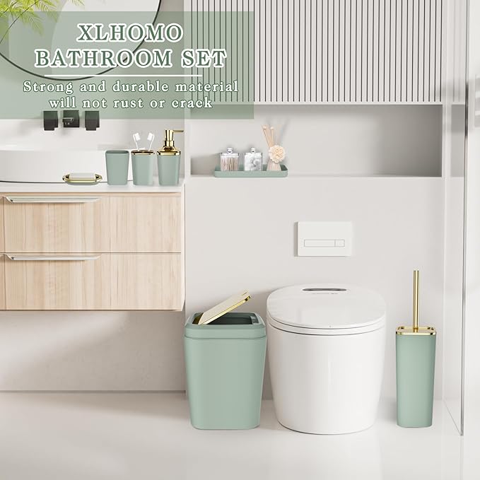 XLHOMO Bathroom Set, Sage Green Bathroom Accessories Set with Press-on Lid Bathroom Trash Can, Soap Dispenser, 10PC Bathroom Accessory Set for Home