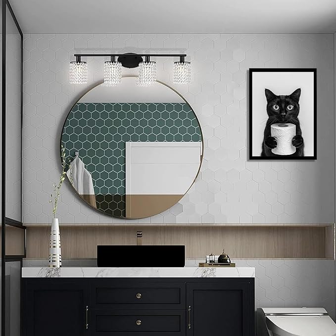 VPUQWGKE Bathroom Black Cat Wall Art Cute Black Cat Holding Toilet Paper Picture Wall Decor Funny Animal Painting Artwork Black and White Print for Bathroom Toilet Home Decoration 8x10in Black Frame