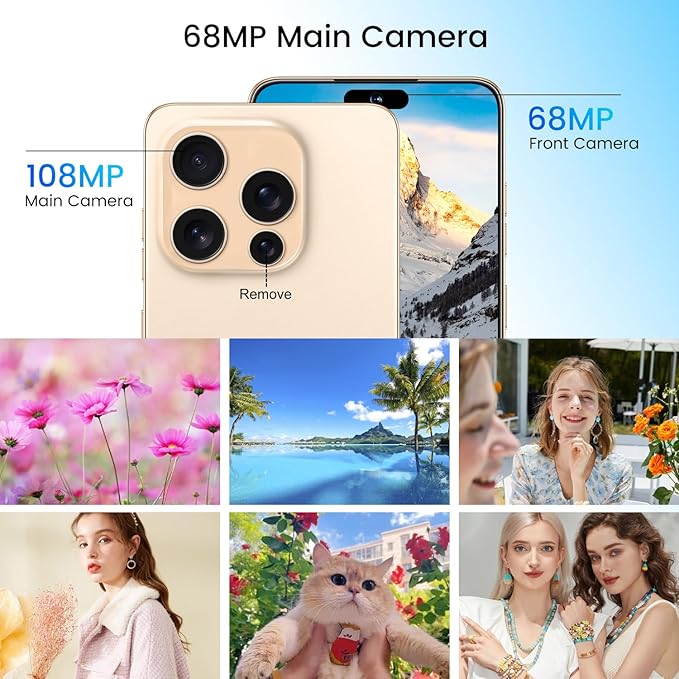 Huness I16PROMAX 16+1TB Smartphone Unlocked Cell Phone,6.99" HD Screen Unlocked Phones,Battery 7000mAh Android 14,Face ID/Fingerprint Button unlock/Photos/5G/Dual SIM/GPS (Gold, 16+1TB)