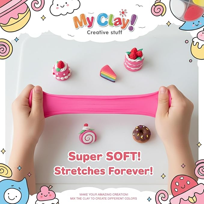 Air Dry Clay Kit for Kids, 12 Dessert Baking Modeling Clay for Kids, DIY Model Magic Clay with Tools and Tutorials, Soft&Non-Sticky, Safe&Non-Toxic Magic Clays,Creatible Art Crafts Toys Gifts