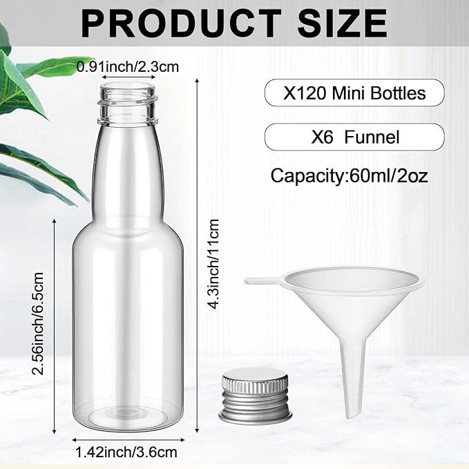 120 Pcs Mini Liquor Bottles Airtight Shot Miniature Empty Plastic Alcohol Spirit Shot Bottles with Funnels for Party Favors, Weddings(2 oz,Silver)
