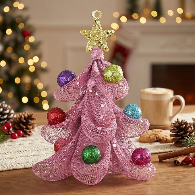 XMIAOX Mini Metal Christmas Tree, 5.9" Handcrafted Wire Mesh Tree Tabletop Hanging Ornament with Star Tree Topper & Colorful Glitter Balls, Sparkling Holiday Decoration for Desk, Shelf & Home Décor