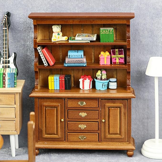 Dollhouse Furniture, Doll Display Cabinet with Drawers 1:12 Scale Miniature Dollhouse Vintage Wood Bookcase, Mini Dresser Living Bedroom Dolls & Accessories DIY Doll House Decorations for Girl and Boy