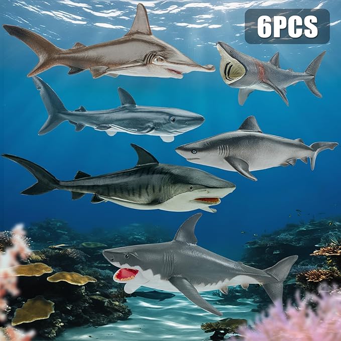 6PCS 5-7"L Realistic Shark Bath Toy for Kids, Plastic Sea Ocean Animals Figures Toys for Toddlers Includes Great White Shark Figurines Cake Toppers Birthday Party Favors & Gifts for Boy Girl