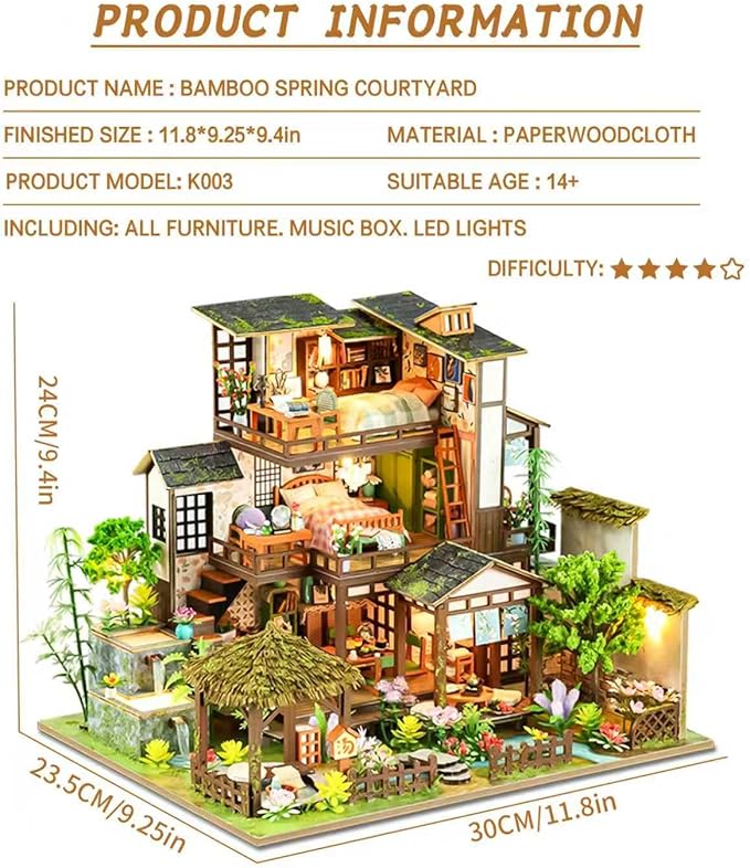 Spilay Miniature Dollhouse Miniature House Kit, DIY Kit Mini Modern Villa Model with Music Box, Best Christmas Birthday Gift.(Bamboo Spring Courtyard)