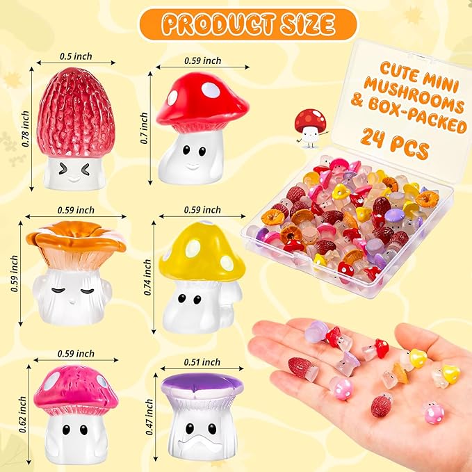 24pcs Mini Mushrooms Cute Resin Tiny Mushrooms Statue Fake Miniature Mushroom Figurines for Fairy Garden Terrarium Accessories Decor Micro Landscape Craft