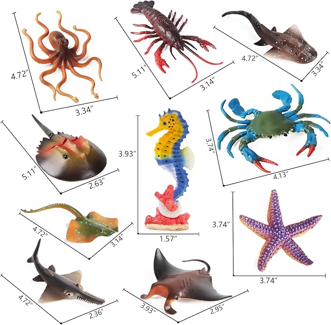 10Pcs Ocean Animals Toys Figures, Large Plastic Sea Creature Figurines Seahorse Starfish Crab Lobster Octopus Devilfish Rays Shark for Kids Educational Birthday Party Favors Cake Decoration Bath Toy