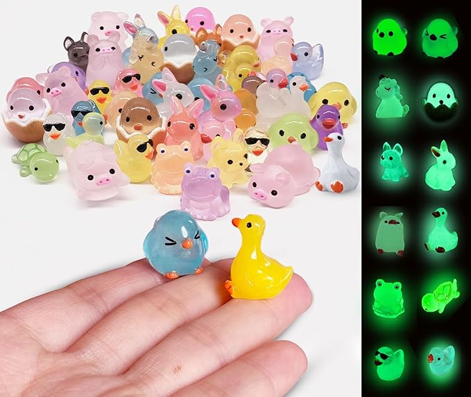 50 Pcs Luminous Mini Resin Animals, Glow in The Dark Tiny Ducks, Frogs, Birds, Rabbits, Cute Dollhouse Miniatures for Mystery Blind Bag, Crafts, Fairy Garden, Home and Office Décor