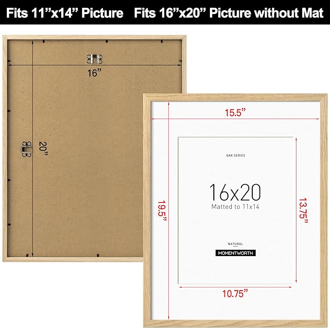 Momentworth 16x20 Frame with Mat for 11x14, Solid Oak Wood 16x20 Frames for Horizontal & Vertical Wall Mounting(2 Pack,Oak)