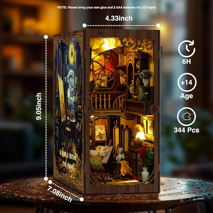 Book Nook Kit for Adults - DIY Miniature House with LED Lights - Adult Book Nook Craft Kit with Starry Night Puzzle - 3D Wooden Puzzle for Birthday Gift - Tiny Craft for Creative Bookshelf Decor