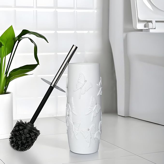 Indecor Home White Butterfly with Rhinestone Design Resin Toilet Holder and Brush Set, Elegant Bathroom Cleaning Tool with Durable Bristles, Compact and Stylish
