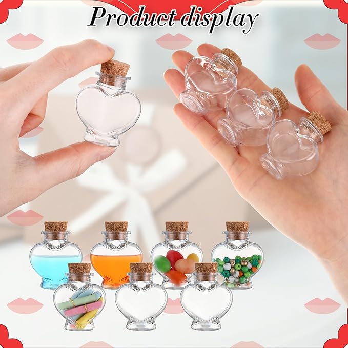 Bokon 25 Pack 1oz Plastic Mini Potion Bottles with Corks, Small Sand Art Jar Tiny Clear Liquor Bottles Bulk Wishing Vial for Birthday Halloween Valentines Party Favor DIY Craft (1.3x1.5 Inch,Heart)