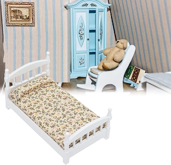 Wooden Doll House Bed 1: 12 Scale Miniature Bedroom Furniture Set with Mattress Pillows