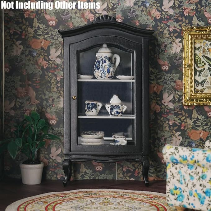 Odoria Dollhouse Curio Cabinet Miniature: 1/12 Scale Display Bookcase for Victorian Living Room - Mini Vintage Storage Shelf with Mirror - Tiny Wood Black Furniture Antique